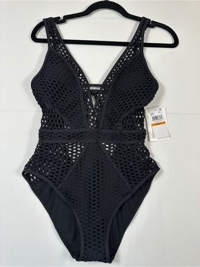 Becca Crochet Plunge One Piece Swimsuit Black Color Play Resort NWT S